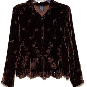 ECI New York Velvet Button-Up Embroidered Blouse, Brown - Size Petite Medium